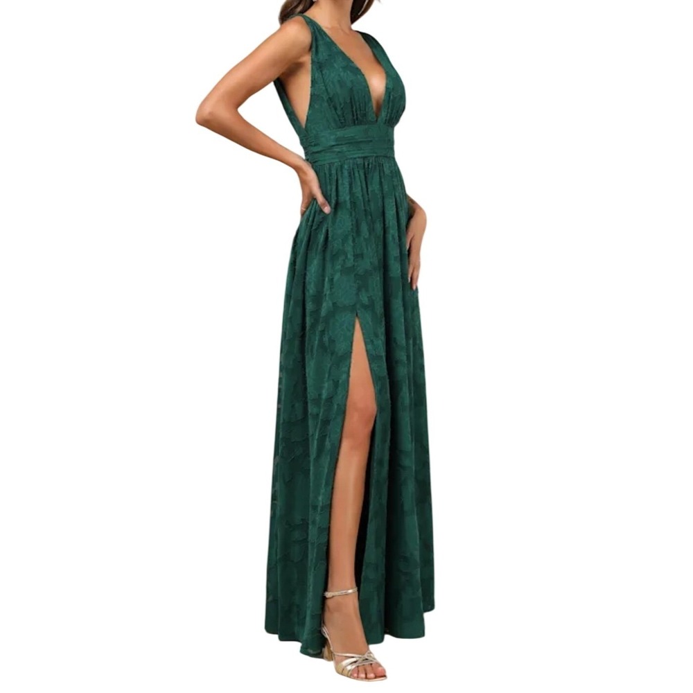 Lulu's Emerald Green V-Neck Maxi Dress with Side Slit